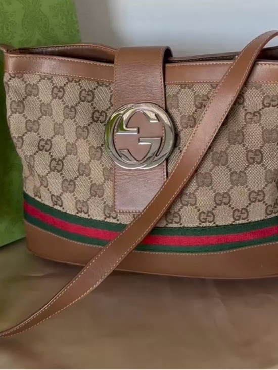 Gucci Handbags - Gucci Brown GG Canvas Shoulder Bag with Green and Red Web Stripe